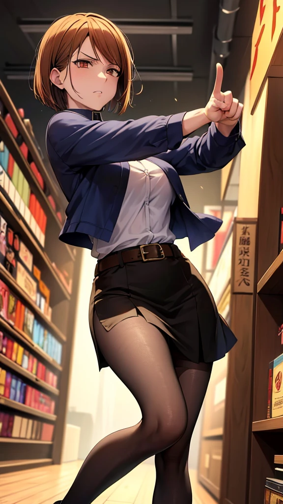 (high res, 8K, masterpiece, looking at viewer, best quality, very aesthetic, ultra detailed, ultra background, ultra Eyes), intricate details, 1girl, Nobara Kugisaki, The jujutsu consists of a dark blue bukakuran-style top, a button-up jacket, a matching long skirt that reaches just above the knee, wearing black stockings, brown shoes along with the signature brown belt that holds jujutsu equipment, Short brown hair, orange Eyes, Angry Face, in front of a clothing store, pointing to clothes in the shop, Background City, Cinematic Angle