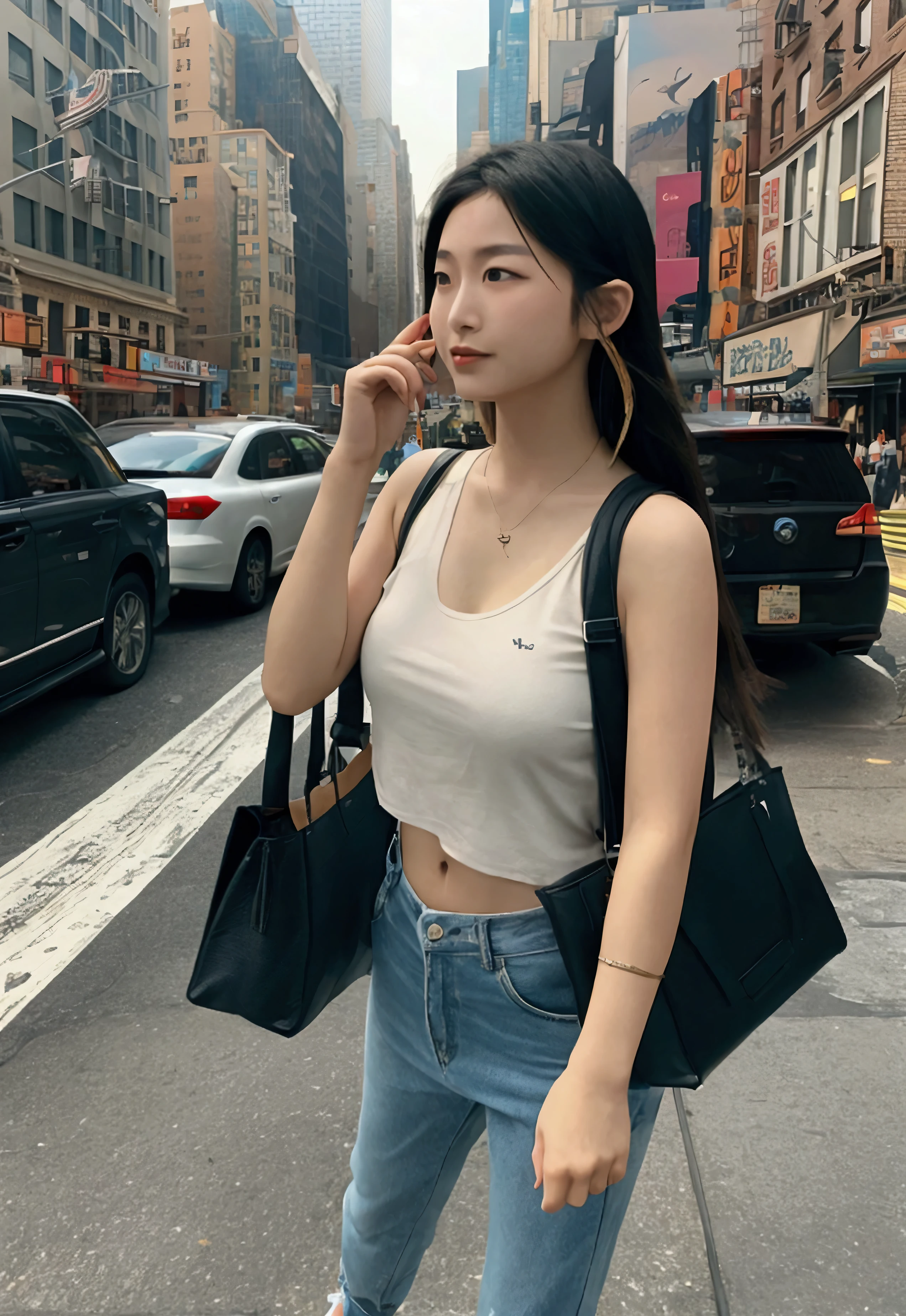 distant plane, asian emma on the streets of new york