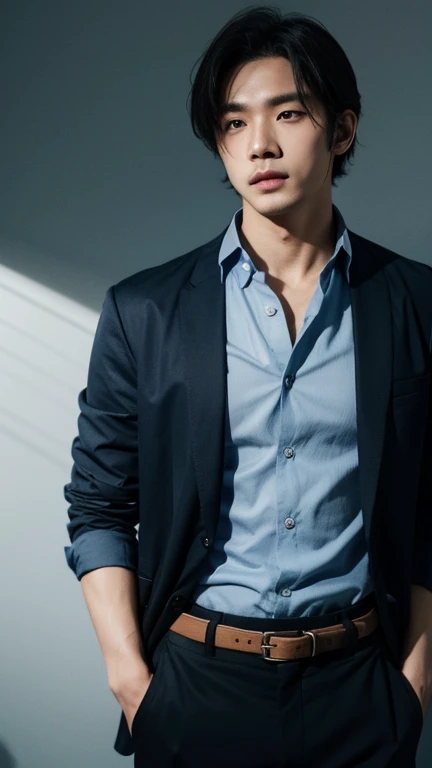 solo , 1man , thai man , blue Button-down shirt with collar , black Long pants , happy