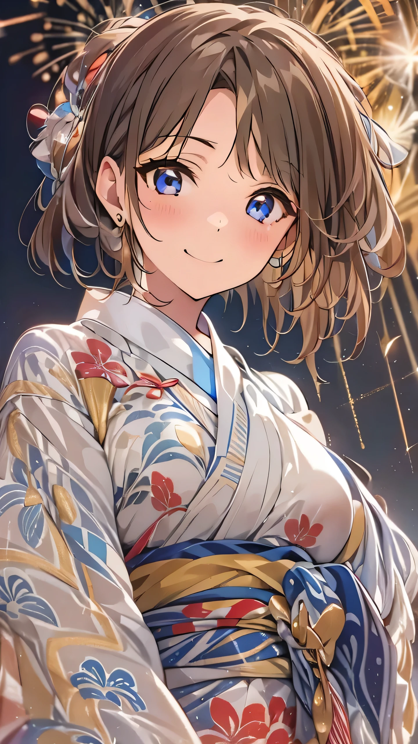 Highest quality, Finer details, (Beautiful single women))), Highly detailed eyes and face, firework, yukata, looking up at firework, ponytail, Large tear bags, double eyelid