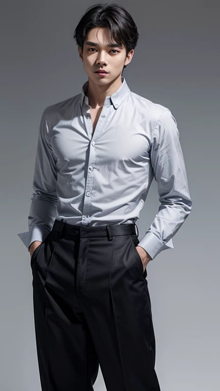 solo , 1man , thai man , grey Button-down shirt with collar , black Long pants , happy