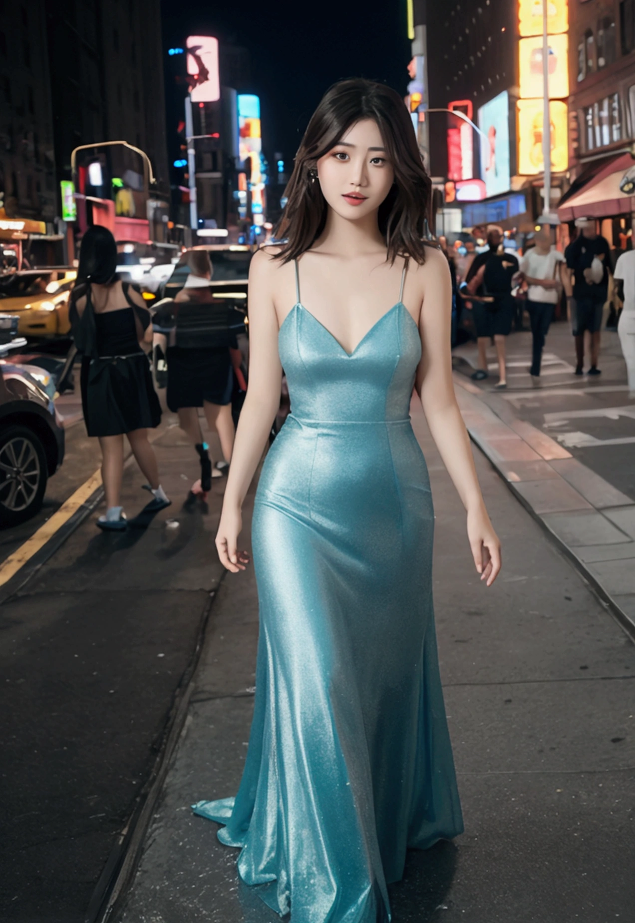 emma, a young asian woman, beautiful detailed eyes, beautiful detailed lips, extremely detailed eyes and face, long eyelashes, woman in a long dress, walking down the streets of new york city at night, realistic, photorealistic, 8k, best quality, masterpiece, ultra-detailed, vivid colors, studio lighting, physically-based rendering, professional, plan eloignéé