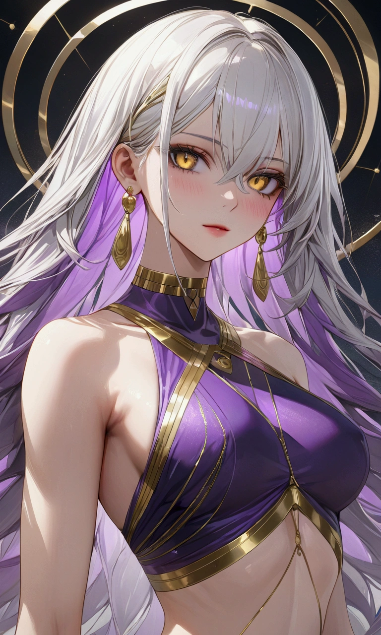 white hair, inner colored purple hair, golden eyes, slender and athletic built, masterpiece, super detail, best quality, 8k,semi-realistic