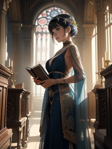 An incredibly beautiful young femme fatale with blue eyes, her short blue hair is gathered in a beautiful hairstyle, decorated with flowers, jewelry, she has long bangs, she is a goddess, she wears the clothes of the goddess Hecate. She is standing in the middle of the library, holding a book in her hands. Realistic image. Masterpiece, perfect image, realistic photos, full-length image, 8k, detailed image, extremely detailed illustration, a real masterpiece of the highest quality, with careful drawing.