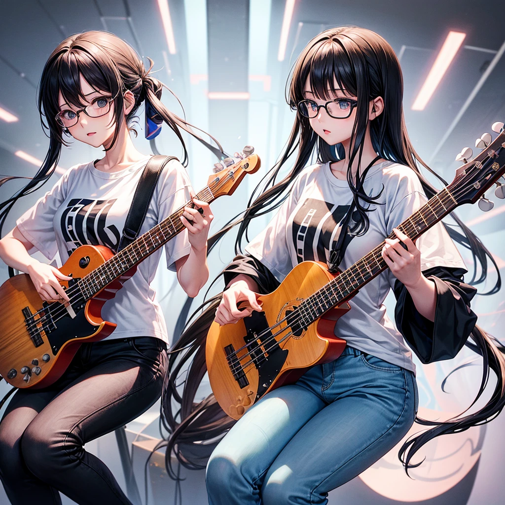 whole body、An illustration、7th life、Cute woman、5-people、5-people組のガールズバンド、Instrument playing、Two limbs each、2 guitars、Bass guitar1 person、1 drummer、Keyboard piano1 person、Plain white T-shirt、Black skinny pants、Glasses、Black Hair、bright