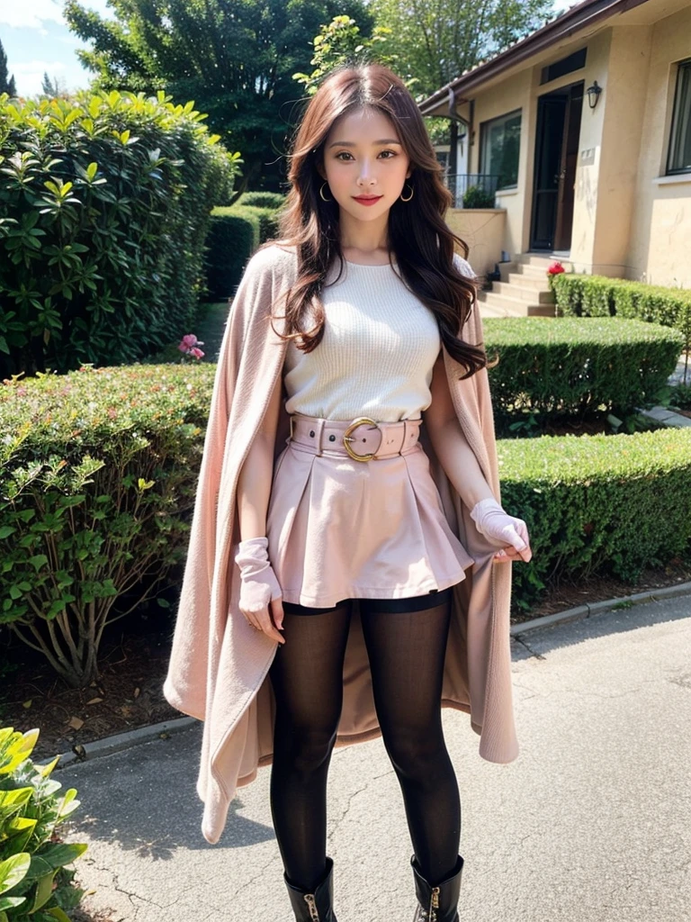 masterpiece,best quality,high resolution,Extremely detailed,Elena,have,Long hair,curls,Pink Eyes,earrings,cape,dress,Short sleeve,Gloves,belt,skirt,Black pantyhose,boots,Wind lift,blush,(Make it embarrassing:1.2),outdoor,garden,