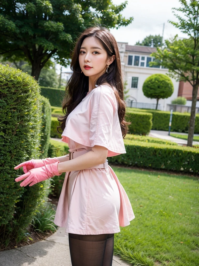 masterpiece,best quality,high resolution,Extremely detailed,Elena,have,Long hair,curls,Pink Eyes,earrings,cape,dress,Short sleeve,Gloves,belt,skirt,Black pantyhose,boots,Wind lift,blush,(Make it embarrassing:1.2),outdoor,garden,