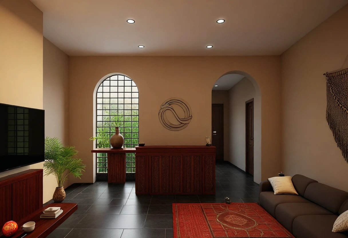 Raw photo, Masterpiece, high quality, best quality, authentic, super detail, interior, indoors, indochine livingroom with couch,rug, coffe table, dark tile floor, (sunset:1.1), vivid color, vray,