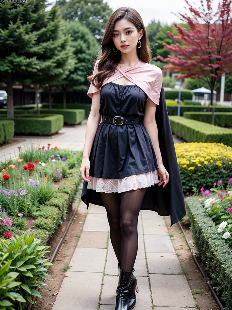 masterpiece,best quality,high resolution,Extremely detailed,Elena,have,Long hair,curls,Pink Eyes,earrings,cape,dress,Short sleeve,Gloves,belt,skirt,Black pantyhose,boots,Wind lift,blush,(Make it embarrassing:1.2),outdoor,garden,