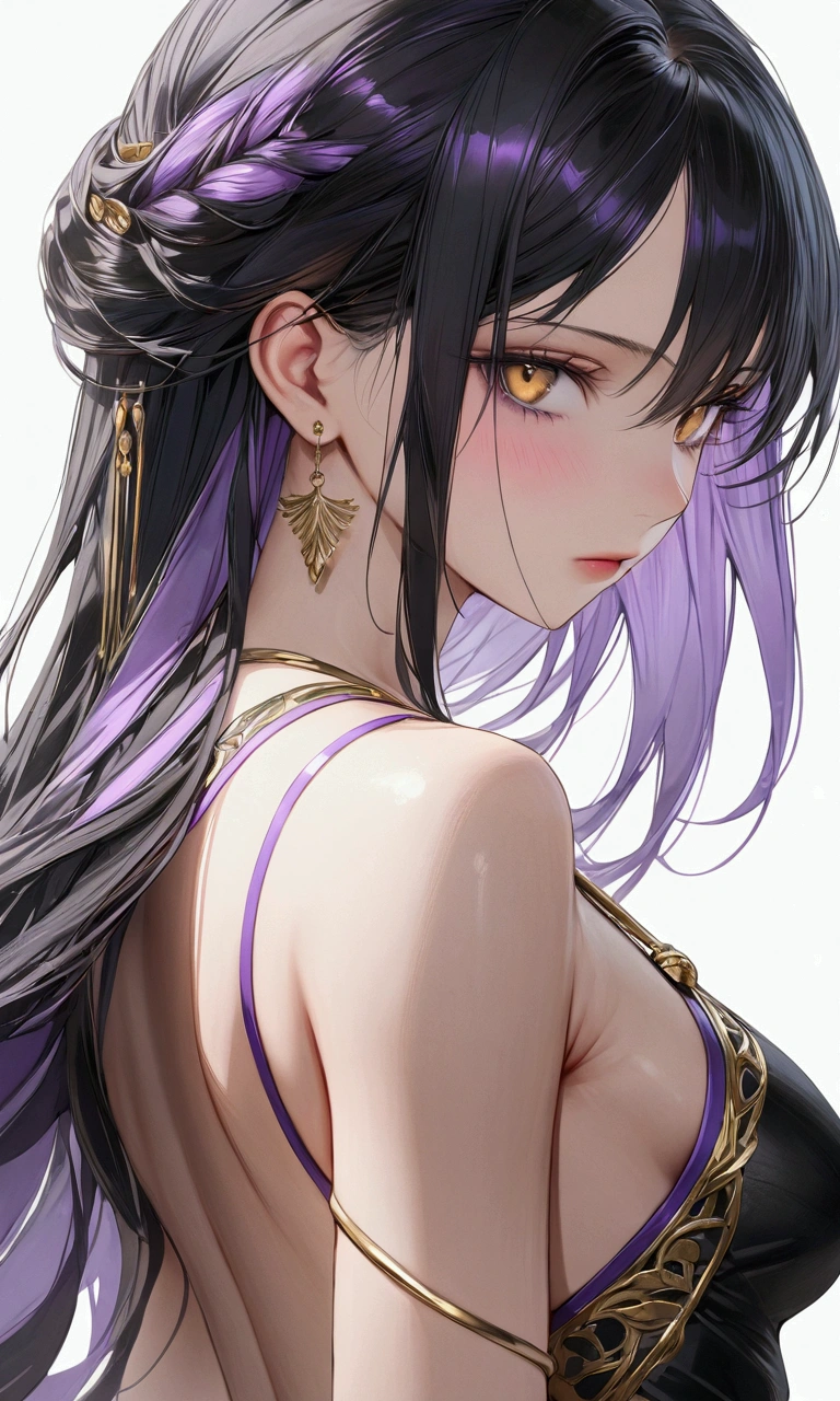 black hair, inner colored purple hair, golden eyes, slender and athletic built, masterpiece, super detail, best quality, 8k,semi-realistic