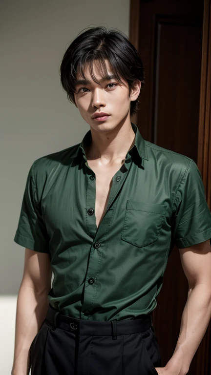 solo , 1man , thai man , green Button-down shirt with collar , black Long pants , happy