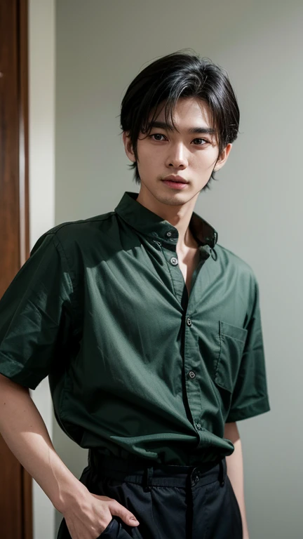 solo , 1man , thai man , green Button-down shirt with collar , black Long pants , happy