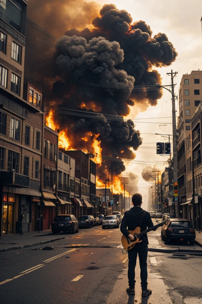 I want to create an image where I am standing in the middle of a street with my guitar and behind me is a city on fire., that everything is in chaos and I am calm 