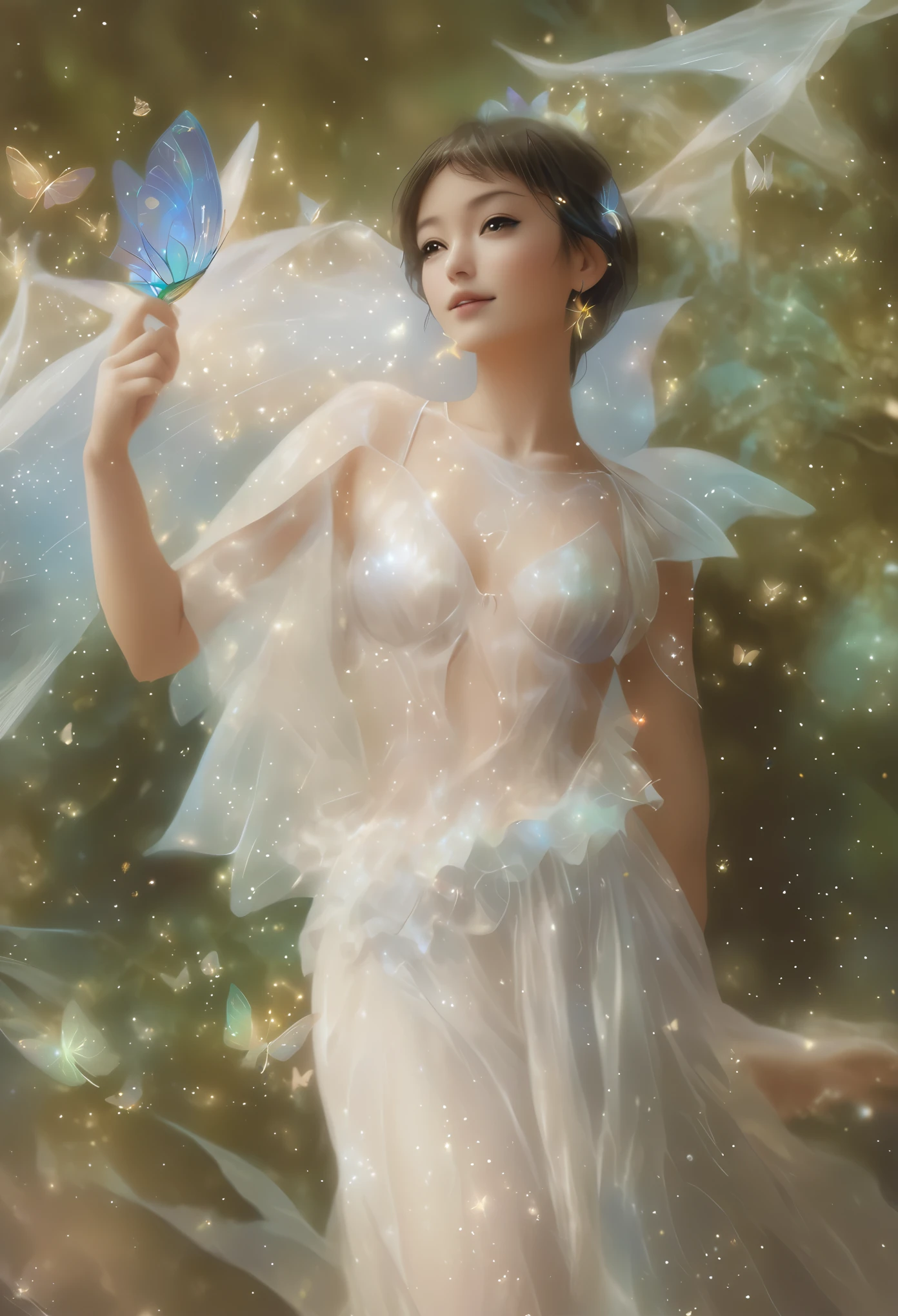 gaussian gold micro bikini top and bottom, ultra detailed cel shading drawing of a fairy with holographic dress flying, holographic dress, blushed, magical forest intricately detailed, butterflies, tiny fireflies, stuningly beautiful face, focus on face, dynamic pose, holographic, light particles, ultra detailed, hit definition, 32k resolution, best quality, flat lighting, flat colors, manga, anime, cartoon, vector, (colorful and vibrant) ((high saturation))