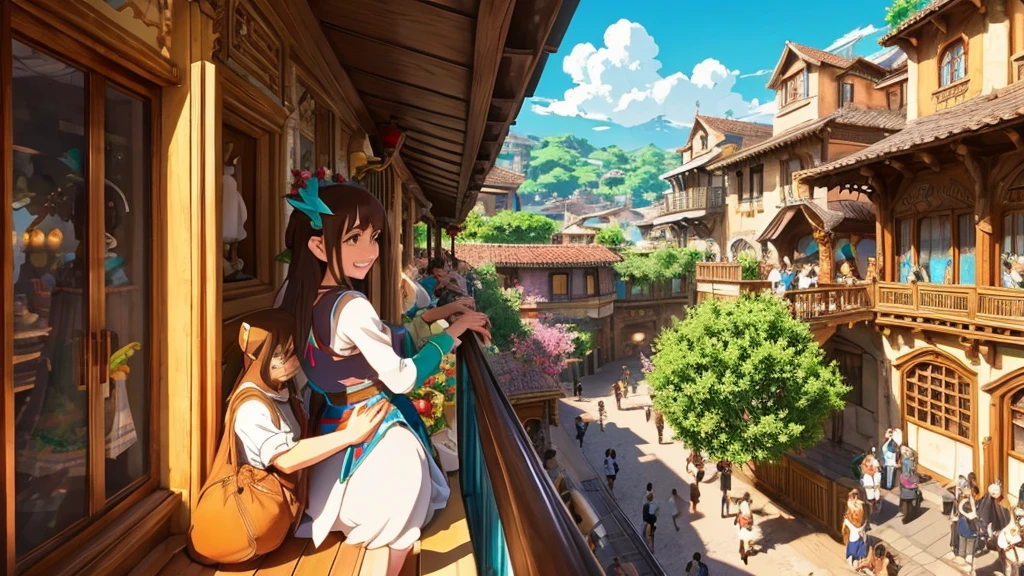 Anime Style,A detailed background with many people,Magical World,People on the balcony,Smiling Bard Elf,Mature Woman,Protruding buttocks