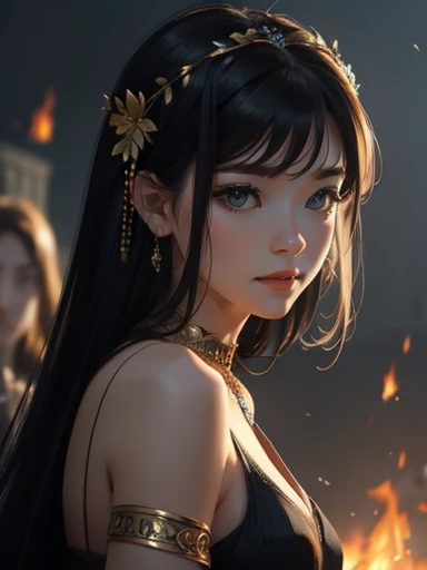 An incredibly beautiful young femme fatale is a brunette with lilac eyes, her long black hair is gathered in a beautiful hairstyle, decorated with flowers, jewelry, she has long bangs, she is a goddess, she wears the clothes of the goddess militant Athena. She stands in the midst of a fire on a battlefield littered with dead bodies, her eyes burning. fire. Realistic image. Masterpiece, perfect image, realistic photos, full-length image, 8k, detailed image, extremely detailed illustration, a real masterpiece of the highest quality, with careful drawing.