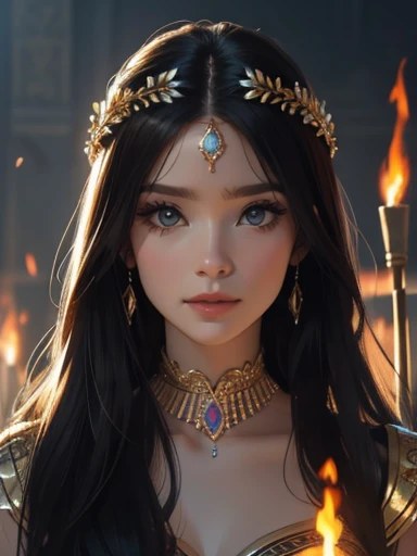 An incredibly beautiful young femme fatale is a brunette with lilac eyes, her long black hair is gathered in a beautiful hairstyle, decorated with flowers, jewelry, she has long bangs, she is a goddess, she wears the clothes of the goddess militant Athena. She stands in the midst of a fire on a battlefield littered with dead bodies, her eyes burning. fire. Realistic image. Masterpiece, perfect image, realistic photos, full-length image, 8k, detailed image, extremely detailed illustration, a real masterpiece of the highest quality, with careful drawing.