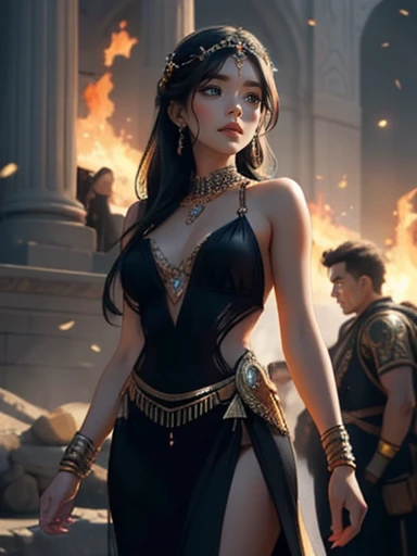 An incredibly beautiful young femme fatale is a brunette with lilac eyes, her long black hair is gathered in a beautiful hairstyle, decorated with flowers, jewelry, she has long bangs, she is a goddess, she wears the clothes of the goddess militant Athena. She stands in the midst of a fire on a battlefield littered with dead bodies, her eyes burning. fire. Realistic image. Masterpiece, perfect image, realistic photos, full-length image, 8k, detailed image, extremely detailed illustration, a real masterpiece of the highest quality, with careful drawing.