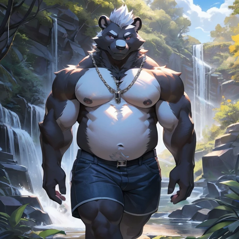 solo, anthro, furry, furry male, skunk,((short fur,furry, shaggy fur, opaque fur)), (skunk print), black pupils, white sclera, black body, black fur, black muzzle, black fur on face, indigo eye, big skunk tail, detailed fur, detailed face, detailed eyes, bare chest, (tight jean shorts), the woods, hiking trail, waterfall, (by null-ghost,by raccoon21, masterpiece, high quality, hi-res, 8k, hd, dark), walking, looking at viewer, day, gentle expression, musclegut skunk man, muscular, big belly, fat belly, obese belly, pillowy pectorals, soft pectorals, big pectorals, weight-lifter build, black fur, indigo eyes, pink nipples, pierced nipples, pink pawpads, mid 30s, relaxed, lazy, indigo smoke, Mohawk, no accessories, no necklaces