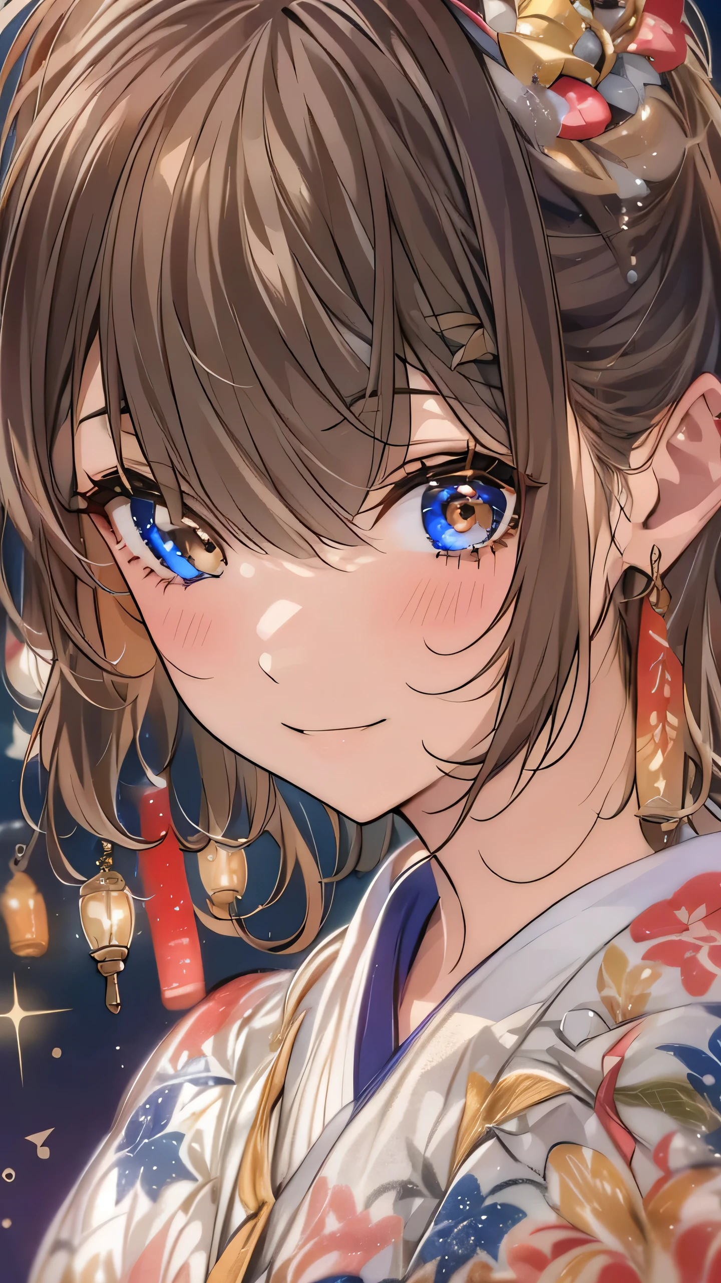 Highest quality, Finer details, (Beautiful single women))), Highly detailed eyes and face, firework, yukata, looking up at firework, Large tear bags, double eyelid