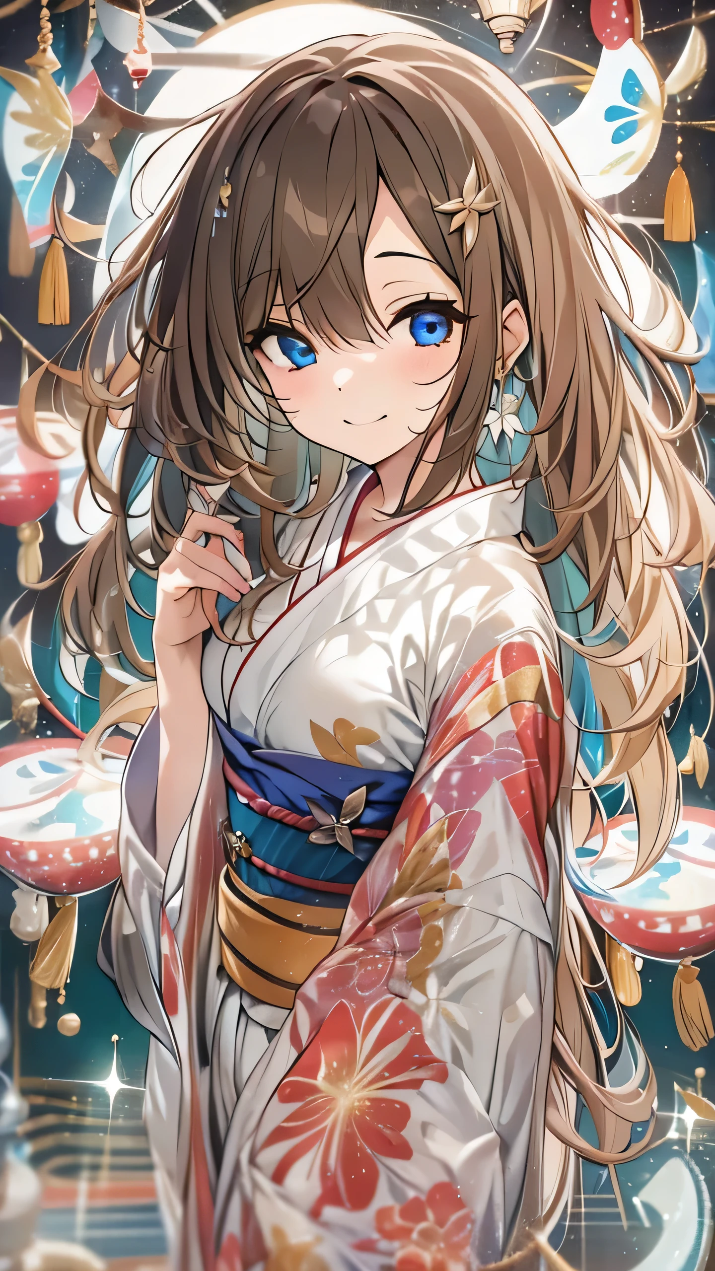 Highest quality, Finer details, (Beautiful single women))), Highly detailed eyes and face, firework, yukata, looking up at firework, Large tear bags, double eyelid