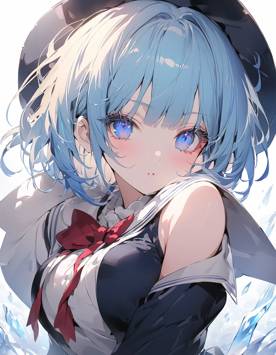 masterpiece, Highest quality, Very detailed, High resolution, Japan anime,One Girl, (White skin:1.2), Blonde, (short hair:1.4), (Blunt bangs:1.3), (eyelash:1.3), (eye shadow:1.3), (big, Droopy blue eyes:1.5), (Beautiful details:1.4), height: 130cm, original character, Fantasy, (White Background:1.2), (Original Magic School Uniform:1.5), ビューアーを見るHigh resolution, (Anime Style:1.4),nature(big Breasts:1.3)ice　Side Shot　blonde

