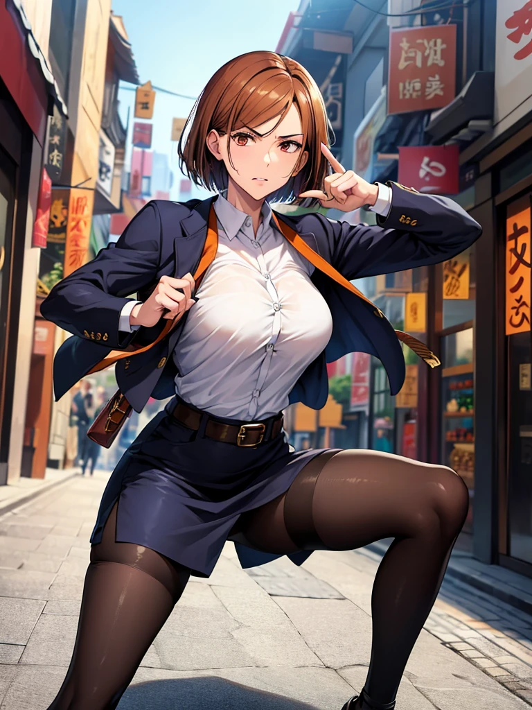 (high res, 8K, masterpiece, looking at viewer, best quality, very aesthetic, ultra detailed, ultra background, ultra Eyes), intricate details, 1girl, Nobara Kugisaki, The jujutsu consists of a dark blue bukakuran-style top, a button-up jacket, a matching long skirt that reaches just above the knee, wearing black stockings, brown shoes along with the signature brown belt that holds jujutsu equipment, Short brown hair, orange Eyes, Angry Face, in front of a clothing store, bag, pointing to clothes in the shop, Background City, Cinematic Angle