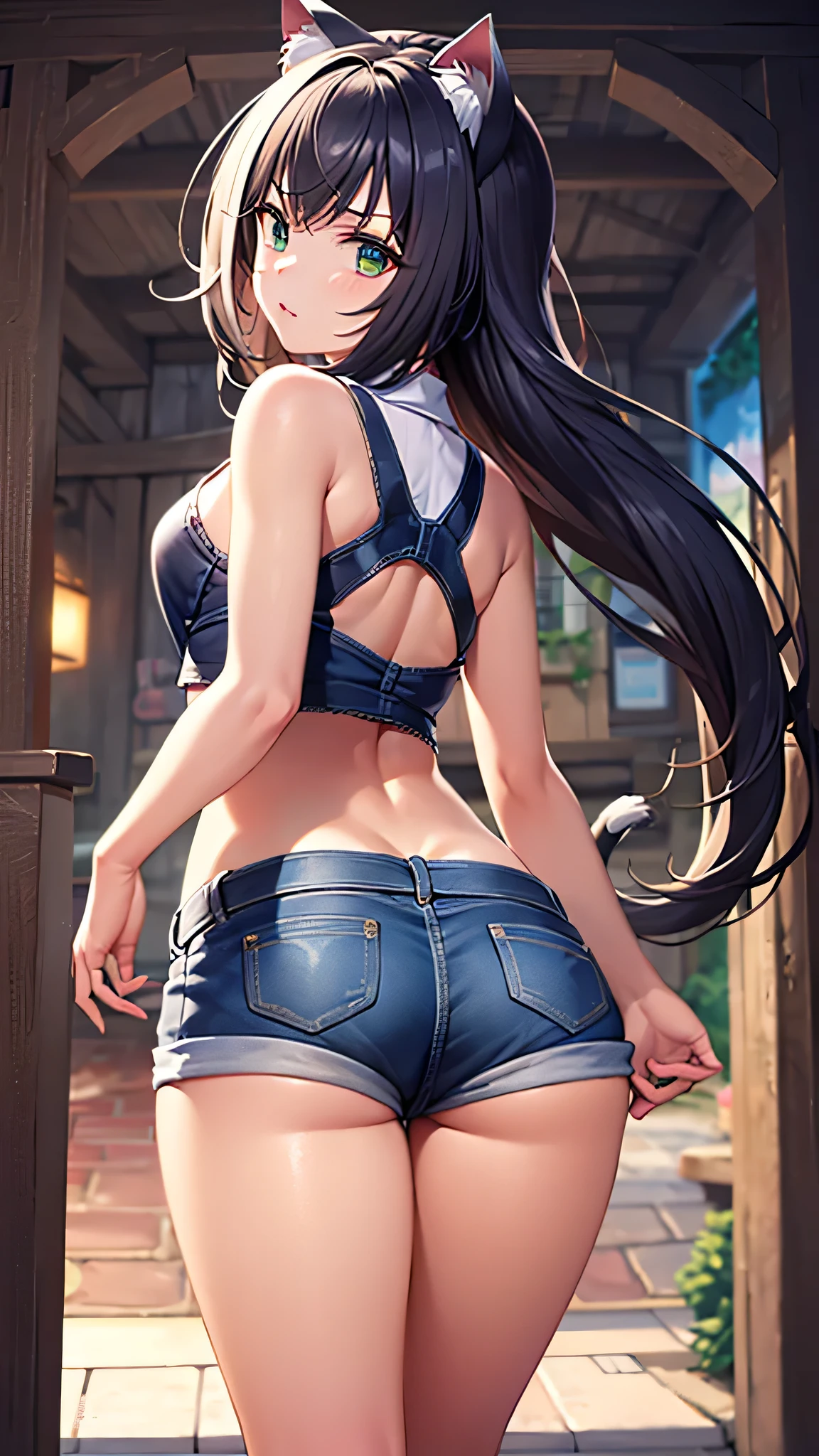 (8K, Raw photography, top-quality, ​masterpiece:1.2) 1 girl, cute, cat ears, denim mini shorts, nice butt, perfect buttocks, (hip focus:1.3) hip is cocked, buttock emphasis, bending forward, very wide hips, view from back, looking back
