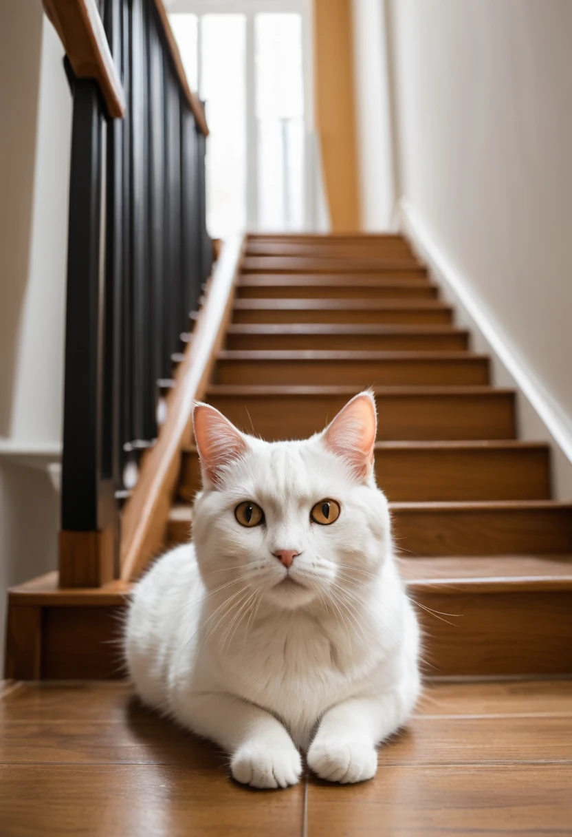 (((8k, low view, from below, on stairs, Cat, Catが真下を見下ろしている:1.5, Catのアップ))), Cockroach's perspective, Looking up,