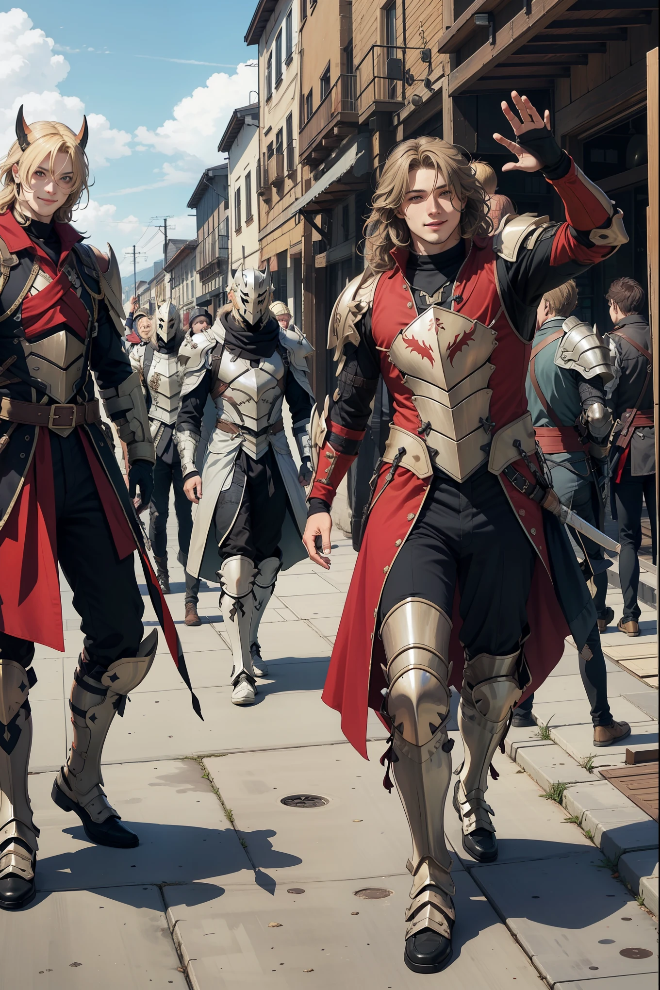 1 obese male, long blonde messy hair, wearing full black and red knight armor, fully armored, waving to the peoples, walking in the town full of peoples, smiling,  