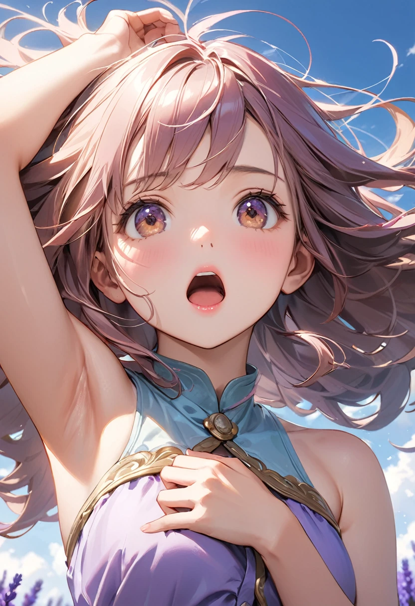 Highest quality, masterpiece, Ultra-high resolution, Realistic:1.2, RAW Photos, Intricate details, Portraiture, Big beautiful brown eyes:1.2, Perfect contours, Perfect proportions:1.2, One Girl, break ((Close-up of the mouth:1.2, ((front shot:1.2), looking up:1.2)), ((petite, short, tiny girl:1.2)), Light Brown Hair、((long hair, twintails:1.2)), (makeup:1.2, full lips:1.3, pink lips:1.3, shiny lips:1.3, parted lips:1.2), (Stroll through the lavender fields:1.2), ((Silk sleeveless shirt:1.2, Silk long skirt, Low heels)), break ((Place one arm above your head、Place one arm in front of your knee、My hair is about to be blown away by the wind:1.3、Leaning forward:1.2))、(Embarrassed expression:1.2、Pretty angry), (The background is a lavender field:1.2、Lavender fluttering in the wind, Several tourists walking), ((Gust of wind:1.2)), (armpit:1.2), (empty-handed)