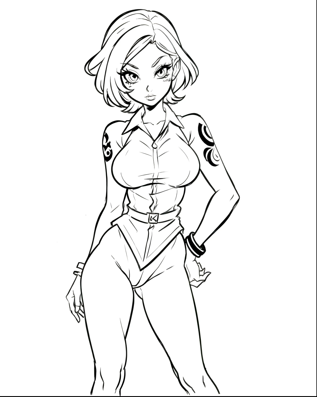 Coloring page for kids, a pin-up girl tattoo, standing, complete body, for coloring
books, simple line, high contrast, white background