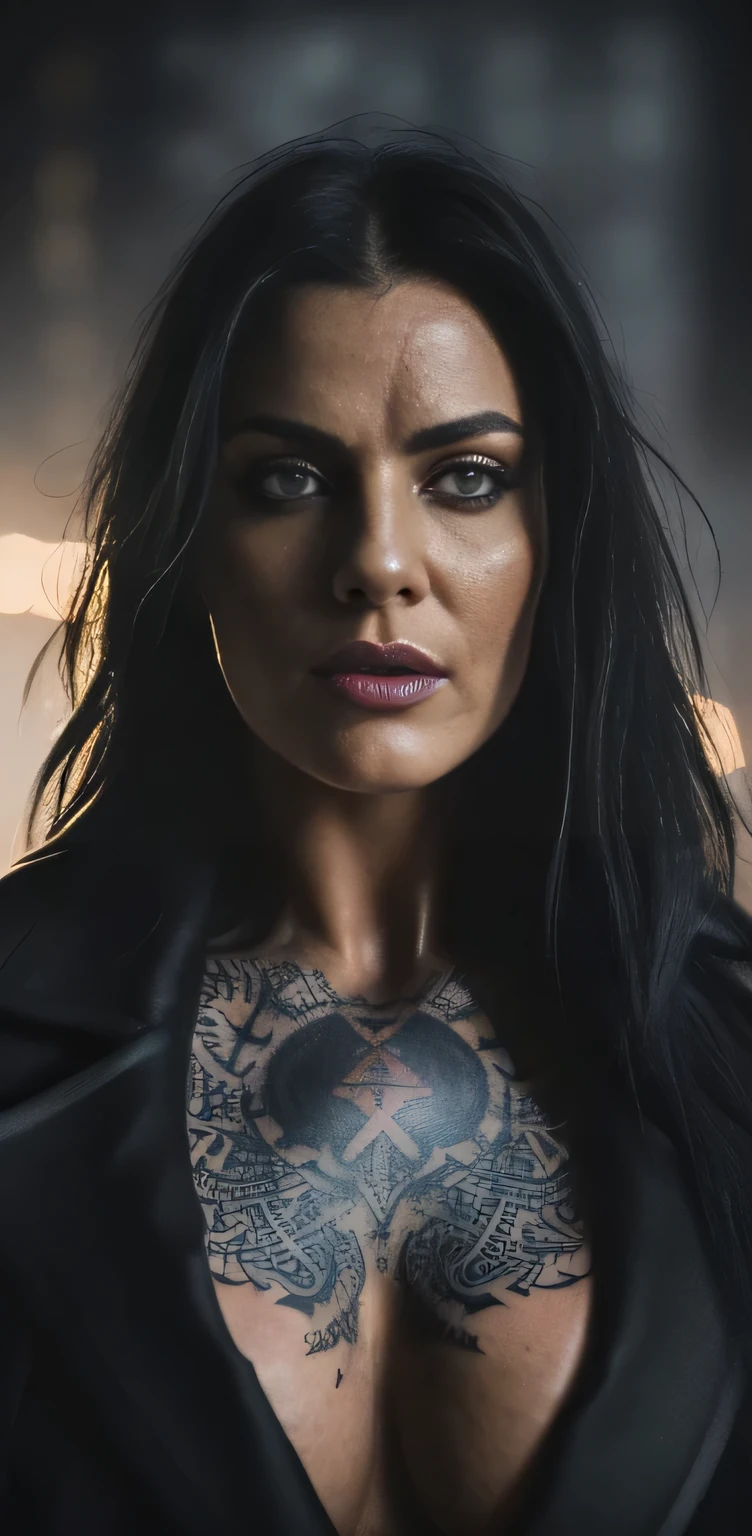 (best quality, hyperdetailed photography:1.2), beautiful lady, scar's face, tattoos breast,(muscular body:1.1),, black hair, , ((viking badass warrior )) ,(gloomy, foggy, night),(long black open coat),,, ,badass woman,, Dynamic pose,,(massive perfect breast:1.0), (upper body portrait), (cinematic shot:1.5), (movie photography:1.2), cinematic lights,, (perfect light, Ray's,),(ultra detailed skin texture:1.3)