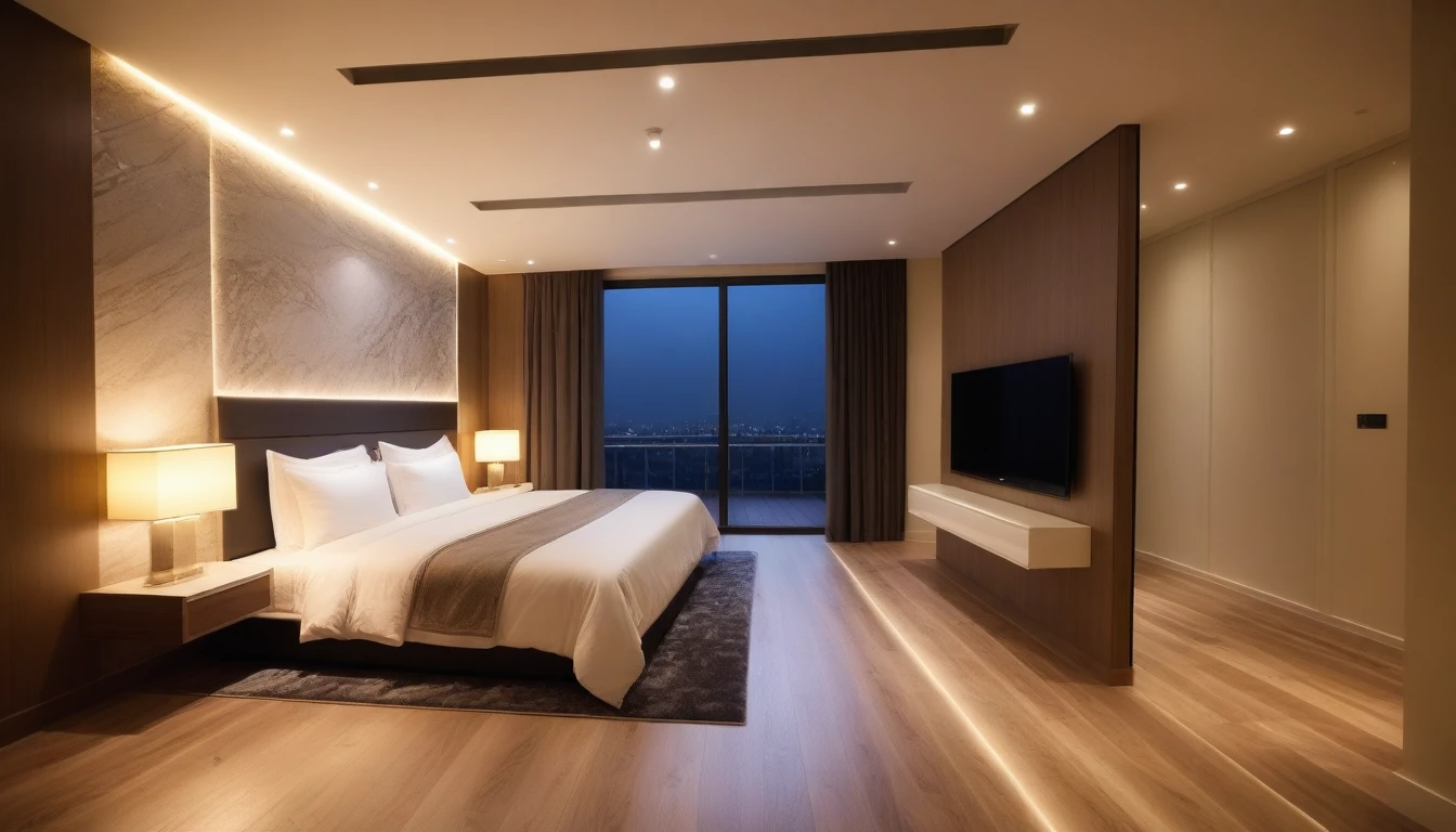 luxury master bedroom, timber floor, marble wall, night time, warm lighting RAW Photo, RAW texture, Super Realistic, 32K UHD, DSLR, soft lighting, high quality, film rating, Fujifilm XT3, the corridor behind television wall