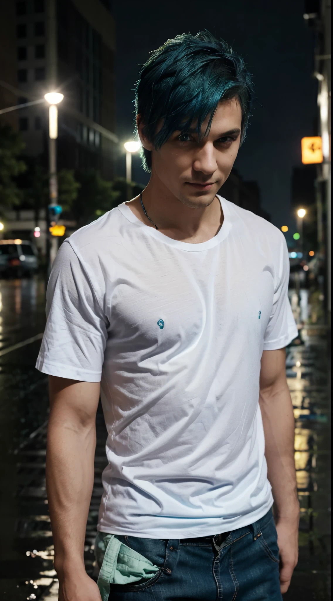 A man, blue hair and bright green eyes, sharp short hair, wearing a white shirt, night, rain, is standing in town, badass, sly smile, mascular