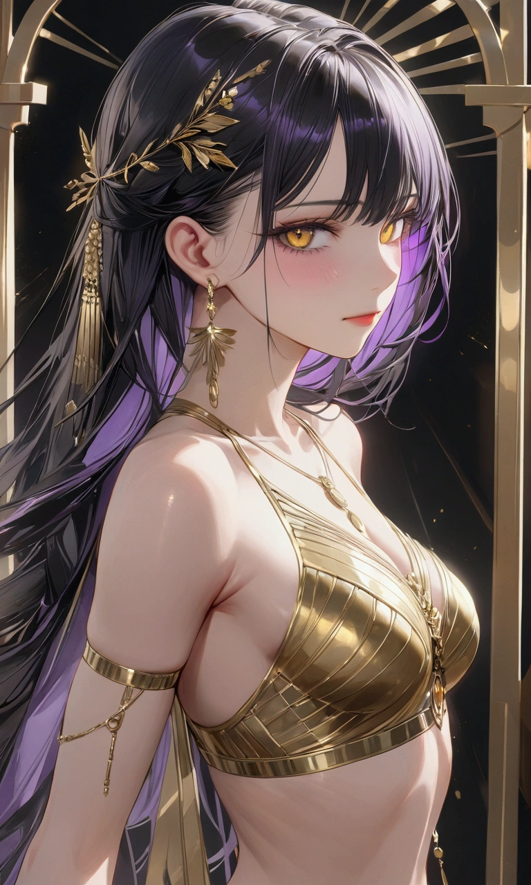 black hair, inner colored dark-purple hair, golden eyes, slender and athletic built, masterpiece, super detail, best quality, 8k,semi-realistic