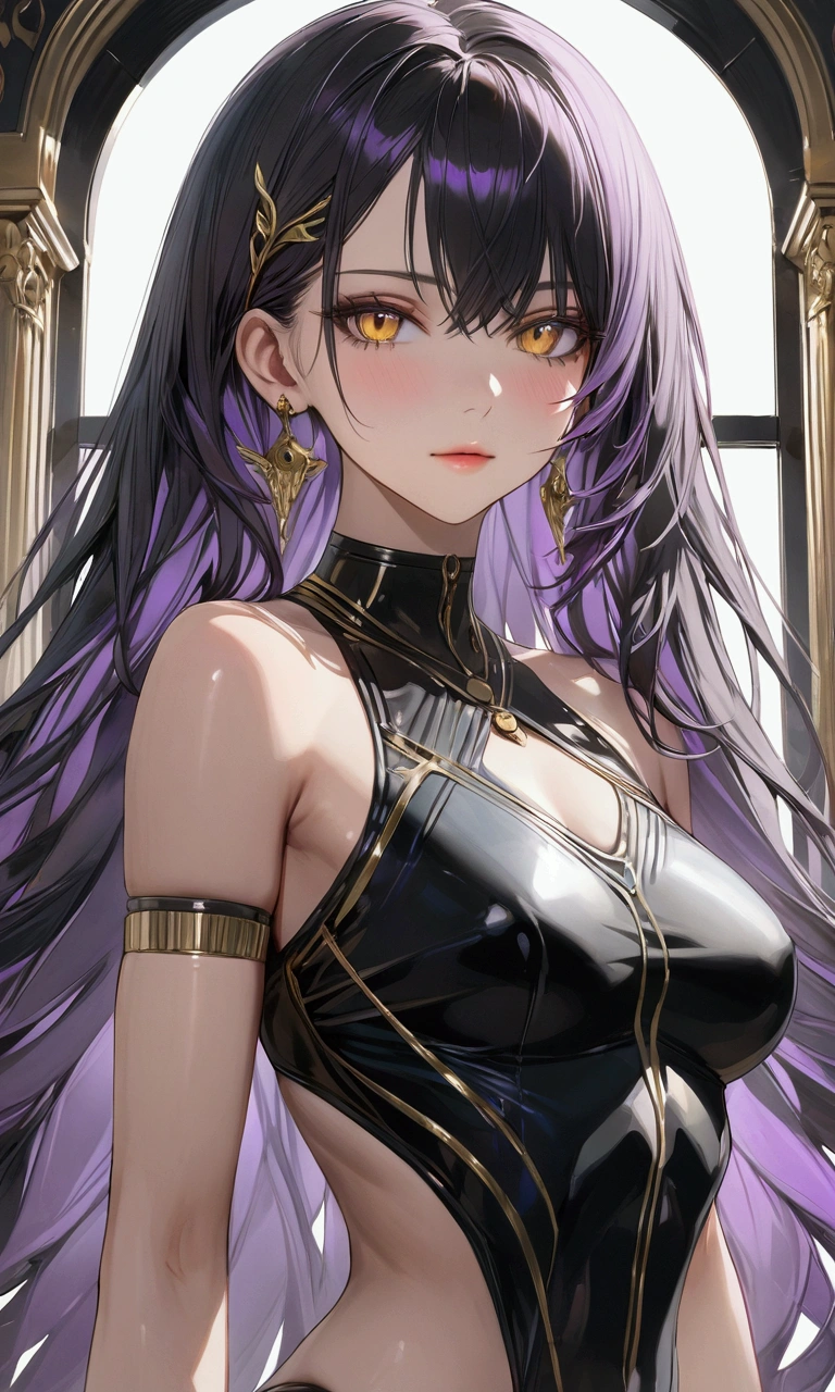 black hair, inner colored dark-purple hair, golden eyes, slender and athletic built, masterpiece, super detail, best quality, 8k,semi-realistic