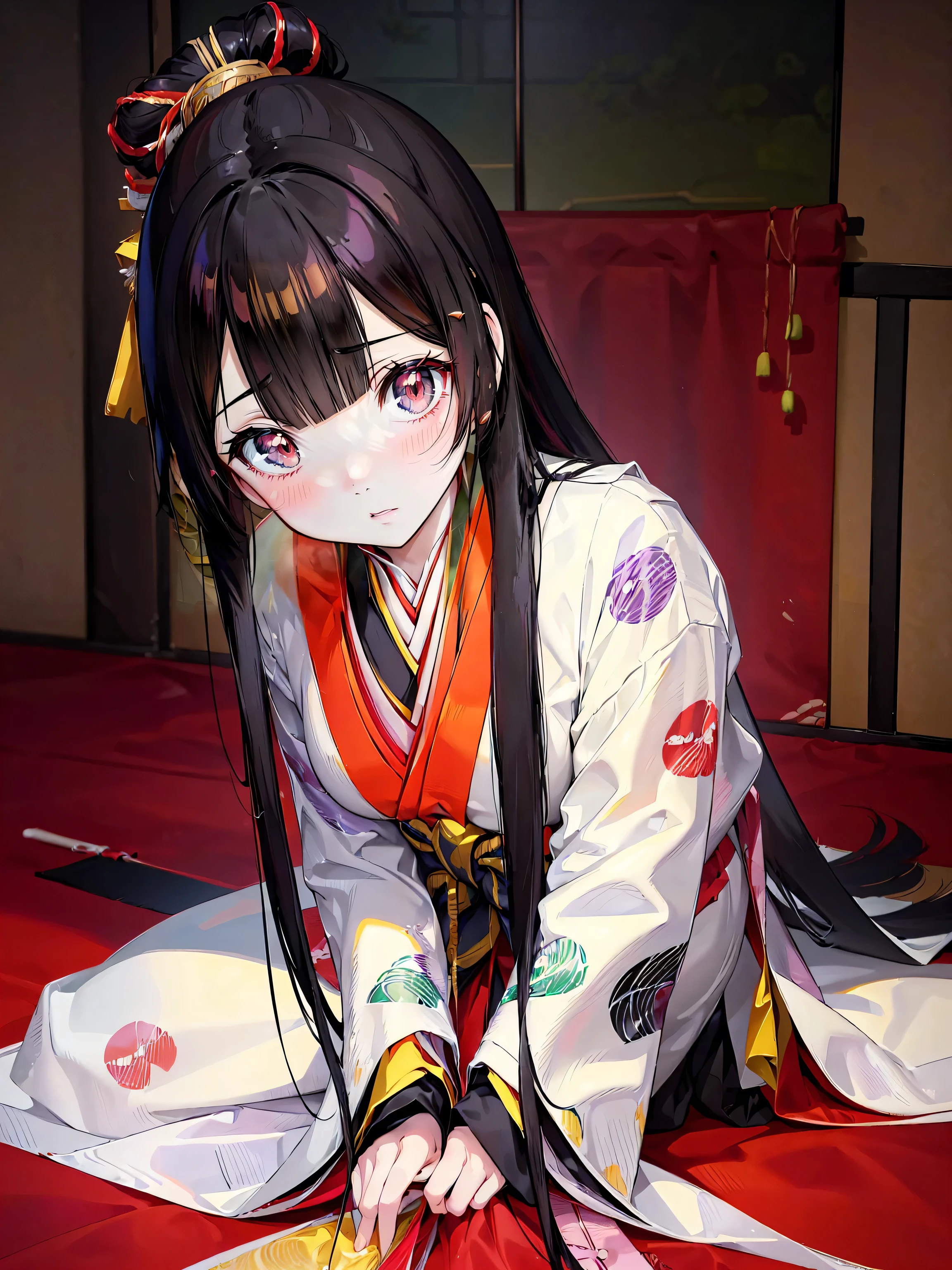 (solo japanese girl:1.3), (Straight long hair, Shiny and glossy black hair:1.3), Karaginu jacket, Long hakama, The cuffs and chest of the five-piece garment, Wearing Imperial Kimono, Imperial Patterns, (huge breasts), (front view, ceiling, face focus, on stomach, all fours, looking at viewer:1.5), ((Superbly detailed drawing, ultra detailed, exquisite quality, absolutely resolution)), (moe animation art style:1.5),