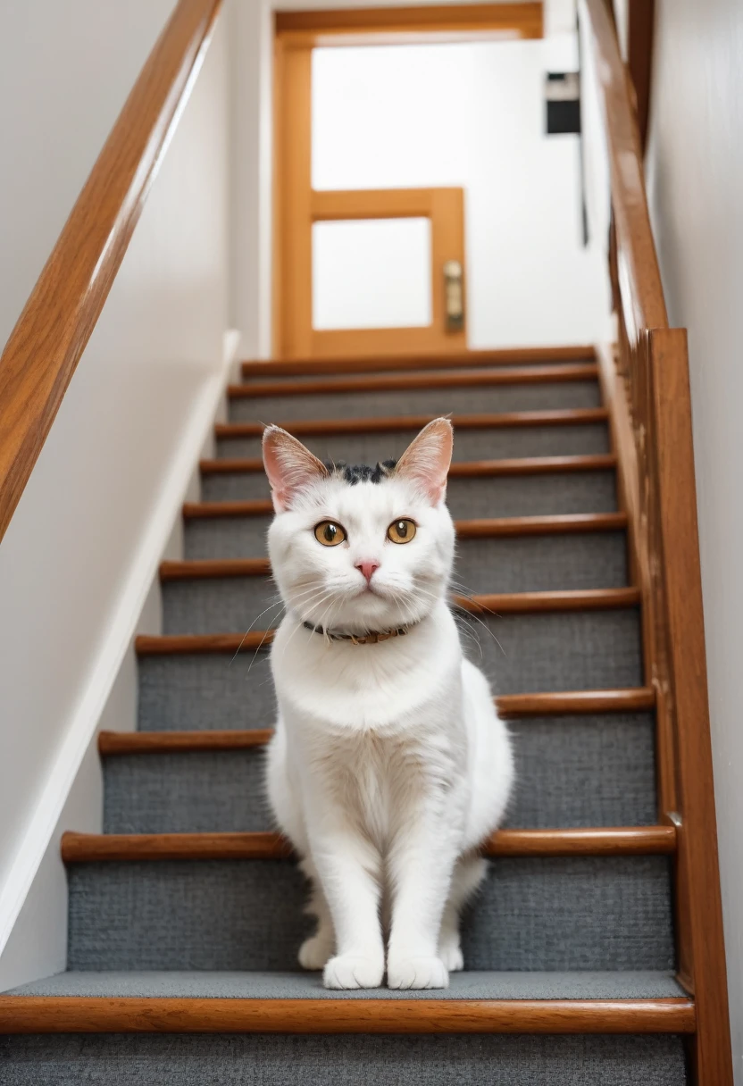(((8k, low view, from below, on stairs, Cat, Catのアップ:1.2, Catが真下を見下ろしている:1.2, Catの目線は下, Catのアップ))), Cockroach's perspective, Looking up,