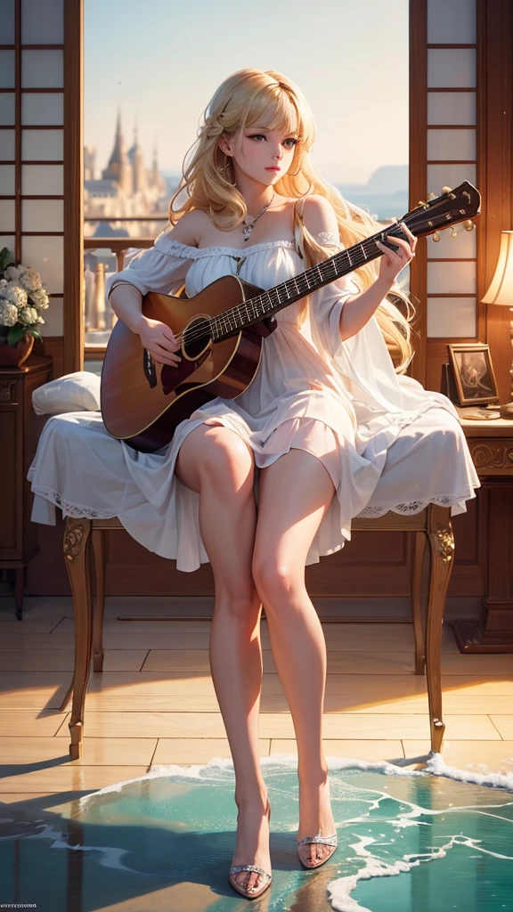 ultra-high precision, ultra-high resolution, 16K, best quality, exquisite, intricate composition, beautiful women, french, blonde hair, orchestra, play the guitar, fantastic, on the deck, sea, ultra wide angle, full body, illustration style