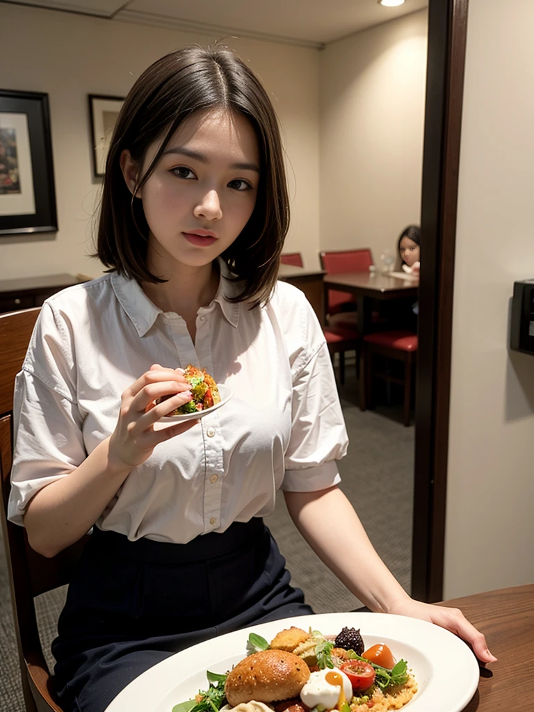 There was a woman sitting at the table，Carrying a plate of food