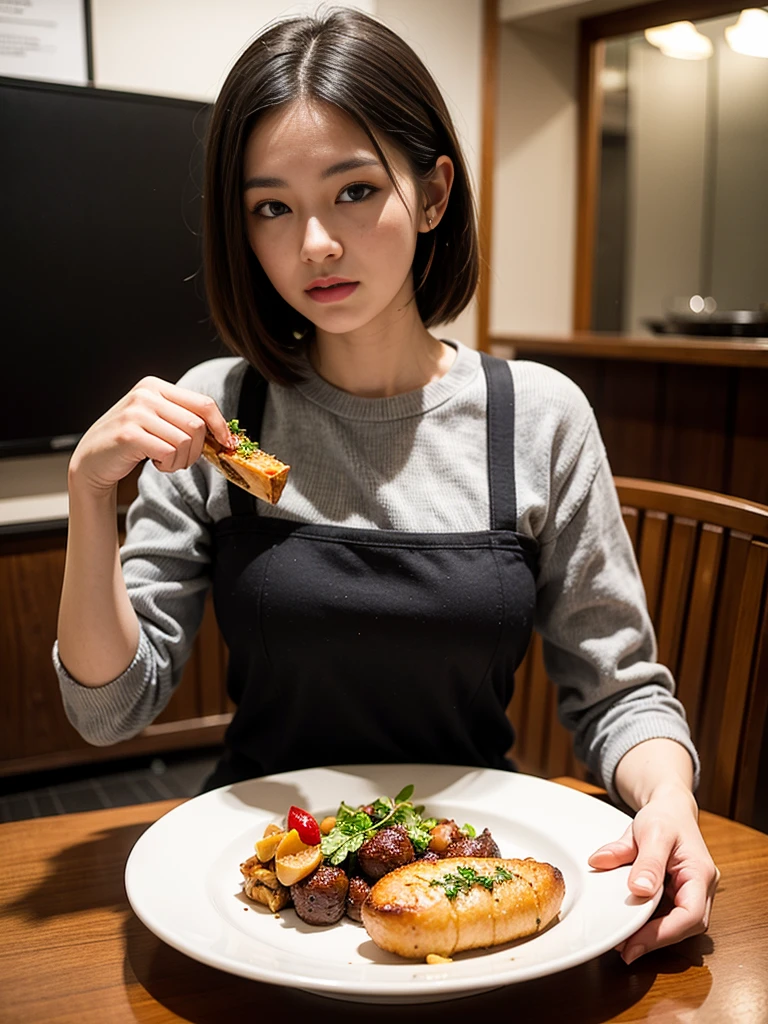 There was a woman sitting at the table，Carrying a plate of food