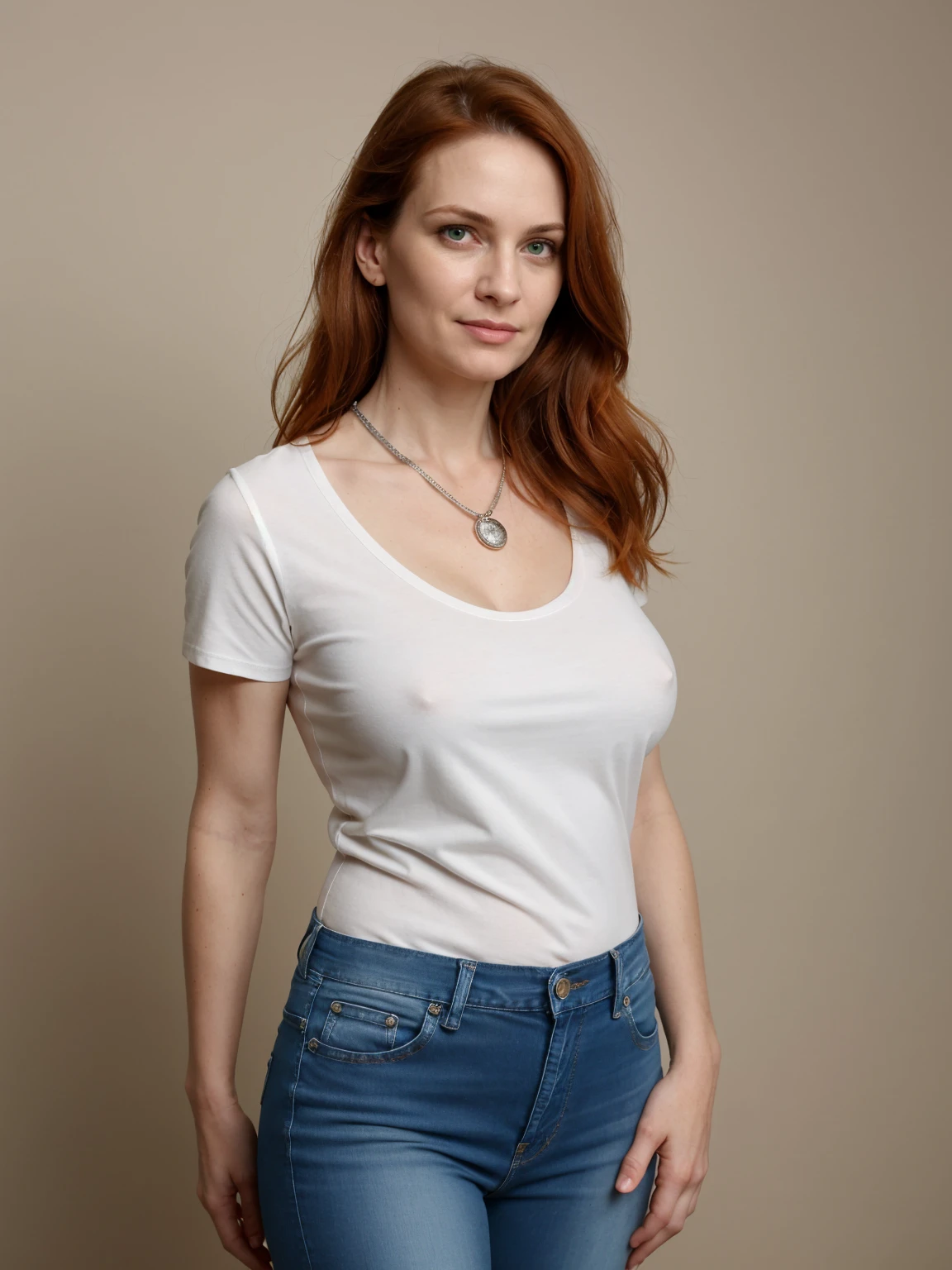 ((best quality)), ((realistic)), ((masterpiece)), (detailed), (full body visable), (standing), 45 years old woman, redhead, detailed face, detailed skin, detailed eyes, green eyes, detailed hands, dominant, busty, pale skin, mature face, silver neklace, seduction, slight smile, white t-shirt, blue jeans with long stock,