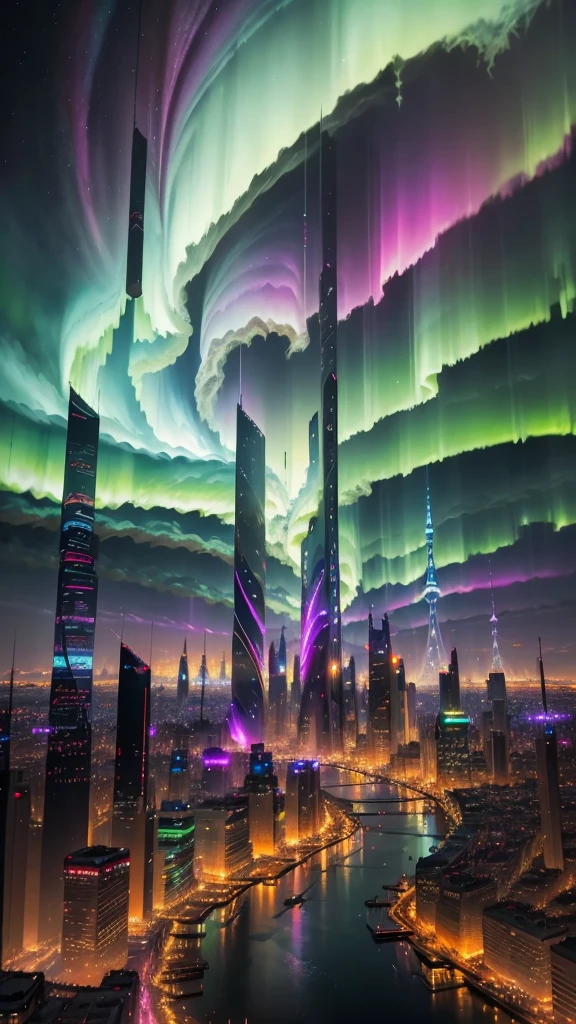 best quality,4k,8k,highres,masterpiece:1.2,ultra-detailed,realistic:1.37,city at night,aurora borealis,pulsating lights,impressive skyscrapers,futuristic architecture,flying cars,hovering drones,neon signs,reflection on water,star-filled sky,glowing windows,light trails,metropolis,vibrant colors,shimmering aurora,interstellar atmosphere,dynamic composition,majestic cityscape,surreal beauty,electric energy,dreamlike ambiance,magical skyline,luminous glow,sci-fi elements,enchanted futuristic city,cosmic rays,nighttime illumination,lively atmosphere,awe-inspiring spectacle