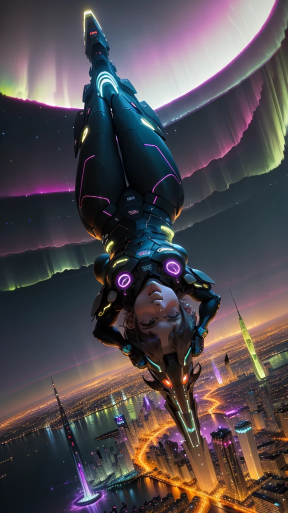 best quality,4k,8k,highres,masterpiece:1.2,ultra-detailed,realistic:1.37,city at night,aurora borealis,pulsating lights,impressive skyscrapers,futuristic architecture,flying cars,hovering drones,neon signs,reflection on water,star-filled sky,glowing windows,light trails,metropolis,vibrant colors,shimmering aurora,interstellar atmosphere,dynamic composition,majestic cityscape,surreal beauty,electric energy,dreamlike ambiance,magical skyline,luminous glow,sci-fi elements,enchanted futuristic city,cosmic rays,nighttime illumination,lively atmosphere,awe-inspiring spectacle