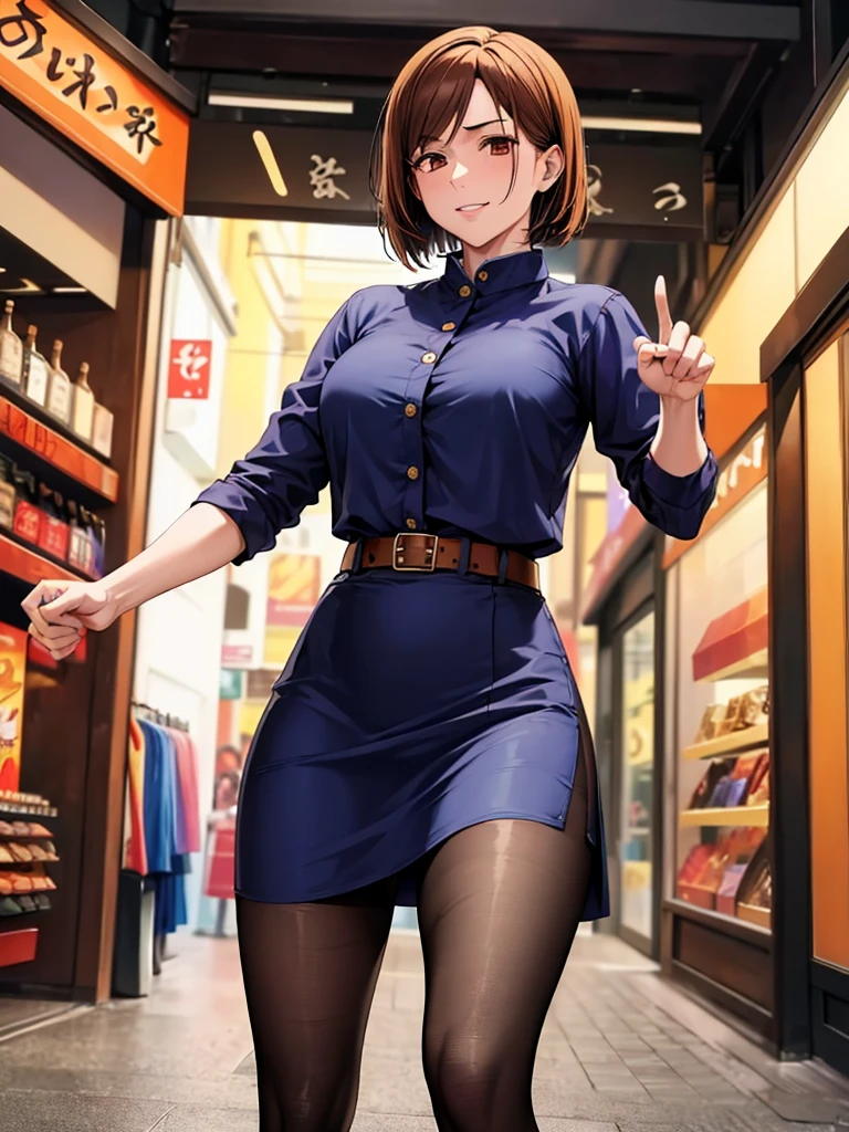 (high res, 8K, masterpiece, looking at viewer, best quality, very aesthetic, ultra detailed, ultra background, ultra Eyes), intricate details, 1girl, Nobara Kugisaki, The jujutsu consists of a dark blue bukakuran-style top, a button-up jacket, a matching long skirt that reaches just above the knee, wearing black stockings, brown shoes along with the signature brown belt that holds jujutsu equipment, Short brown hair, orange Eyes, Smile Face, red lips, in front of a clothing store, bag, pointing to clothes in the shop, Background City, Cinematic Angle
