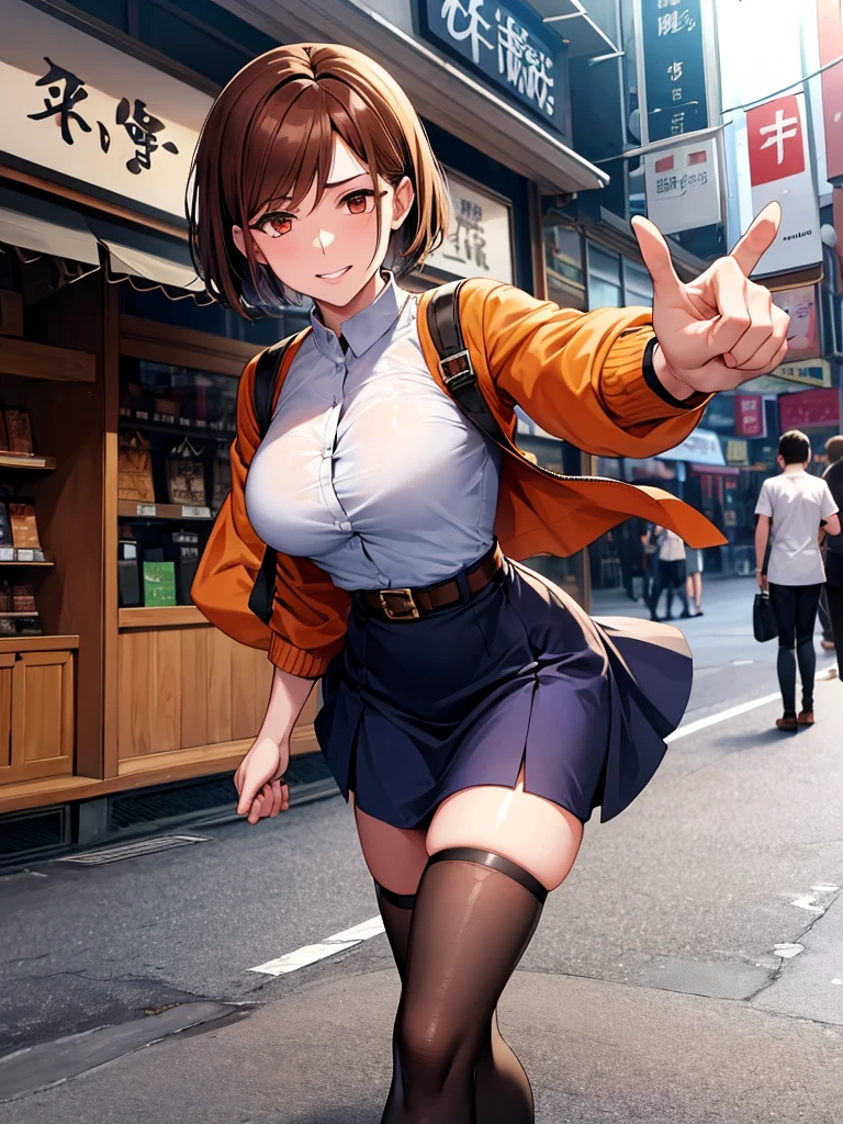 (high res, 8K, masterpiece, looking at viewer, best quality, very aesthetic, ultra detailed, ultra background, ultra Eyes), intricate details, 1girl, Nobara Kugisaki, The jujutsu consists of a dark blue bukakuran-style top, a button-up jacket, a matching long skirt that reaches just above the knee, wearing black stockings, brown shoes along with the signature brown belt that holds jujutsu equipment, Short brown hair, orange Eyes, Smile Face, red lips, in front of a clothing store, bag, pointing to clothes in the shop, Background City, Cinematic Angle