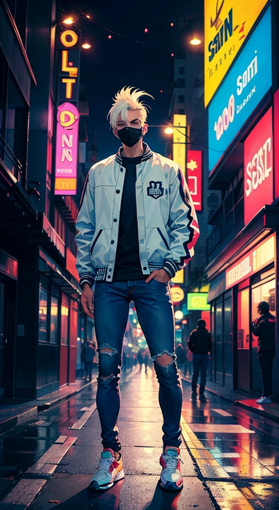A man in a white rooster mask and brown letterman jacket stands in the middle of a neon-lit 1980's Miami street, His blue jeans are illuminated by a Dlorian DMC-12 parked behind him, When the vibrant lights of the city reflect on his sneakers.