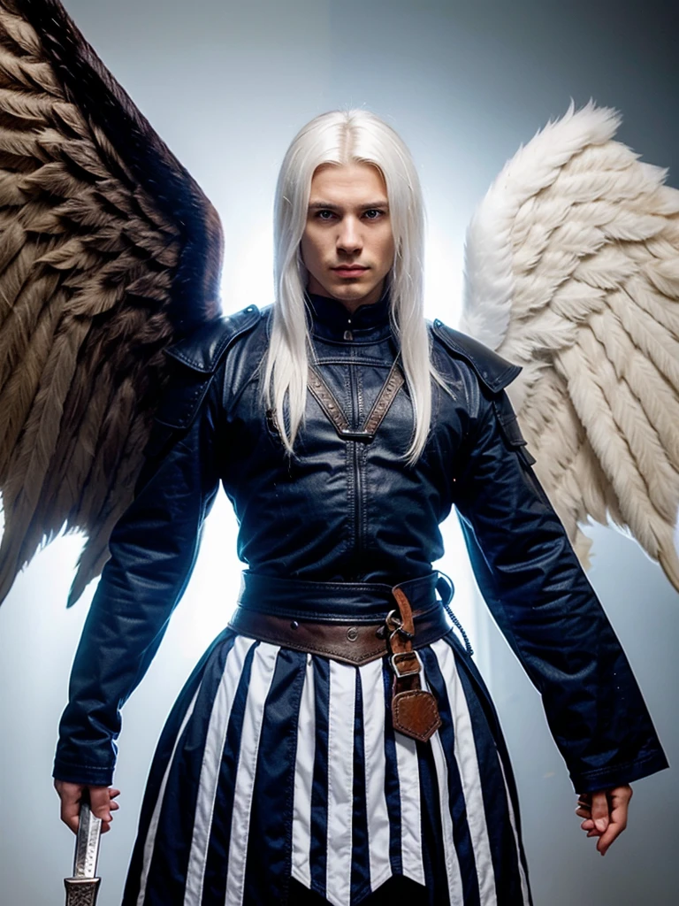 A man cool face, holding a sword and having wings on his back, white hair,