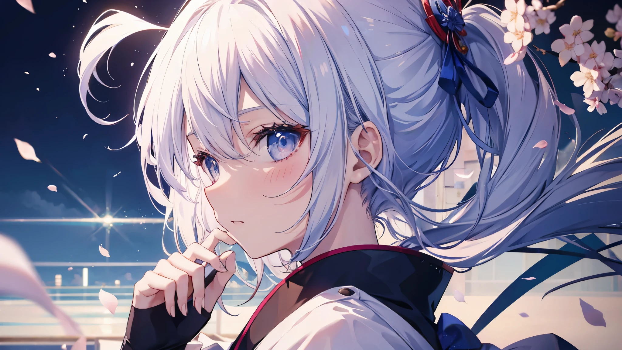 One woman((Calm expression,concentrated)) background((burn,blue)),knife(Get Ready,Parallel to the ground) White Hair,ポニーテール blue目,Sharp Eye,Super Shiny Japanese Style,Anime The Wind Blows,Cherry blossom petals,Ahead ((profile,Extreme close-up)) Katame Samurai